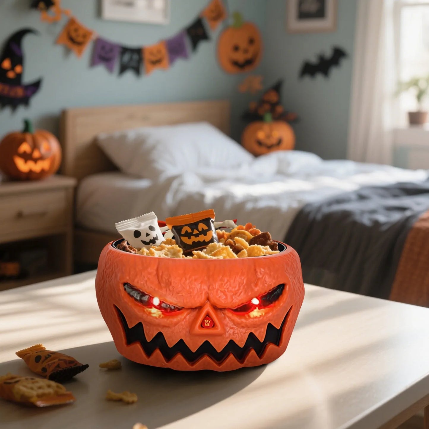 Halloween slikskål bevægelsessensor spøg med LED-øjne og skelet hånd, Halloween 2025 fest midtpunkt