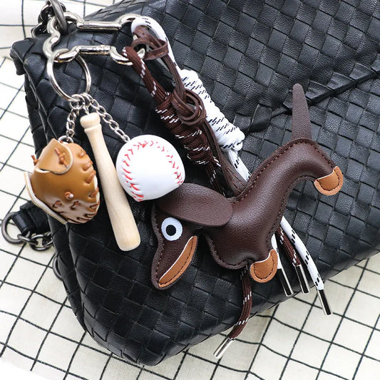 Dachshund Pu Leather Bag Charm Baseball Keychain Gift