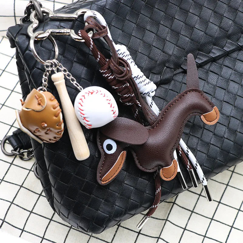 Porte-clés porte-bonheur en cuir PU teckel, cadeau porte-clés baseball