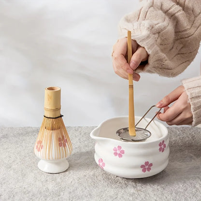 Matcha skål hvid keramik Sakura matcha tesæt med bambus pisker og si forår 2025 gave