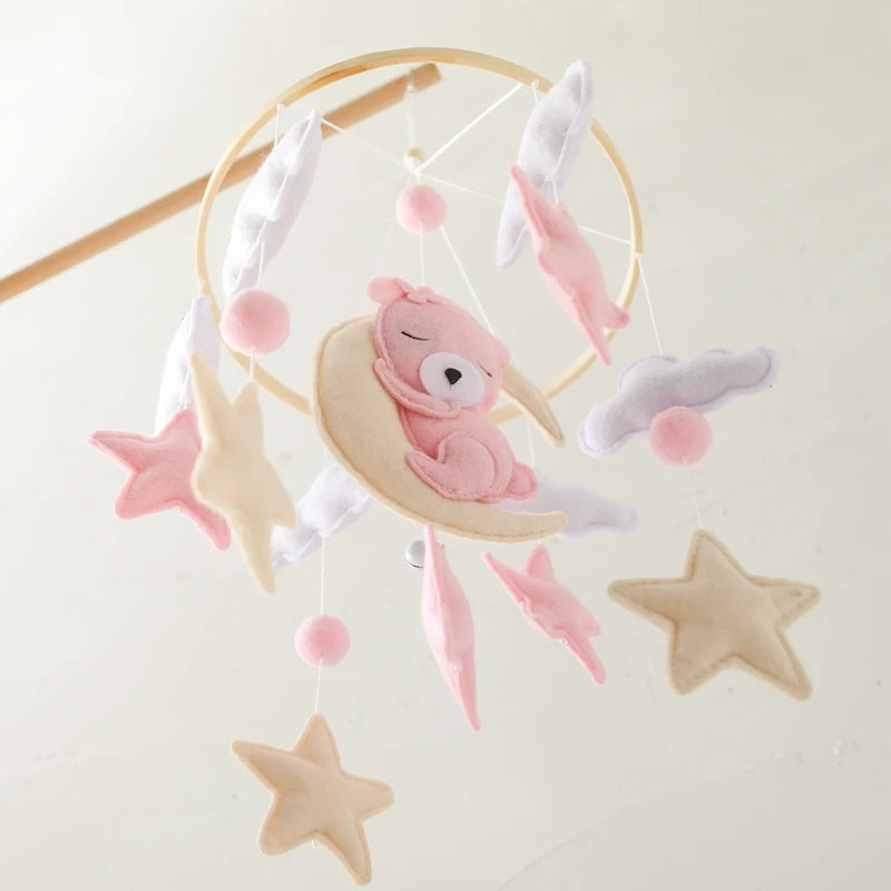 Wooden Crib Mobile Felt Bear Musical Newborn Sensory Toys