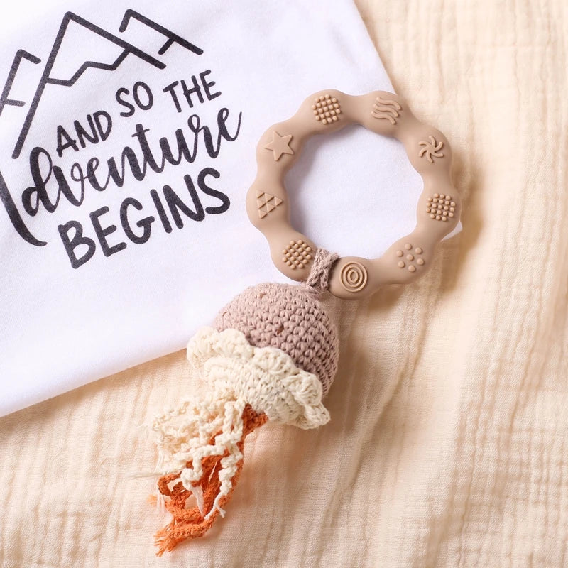 Crochet Bear Teether Rattle Ring Newborn Sensory Toys