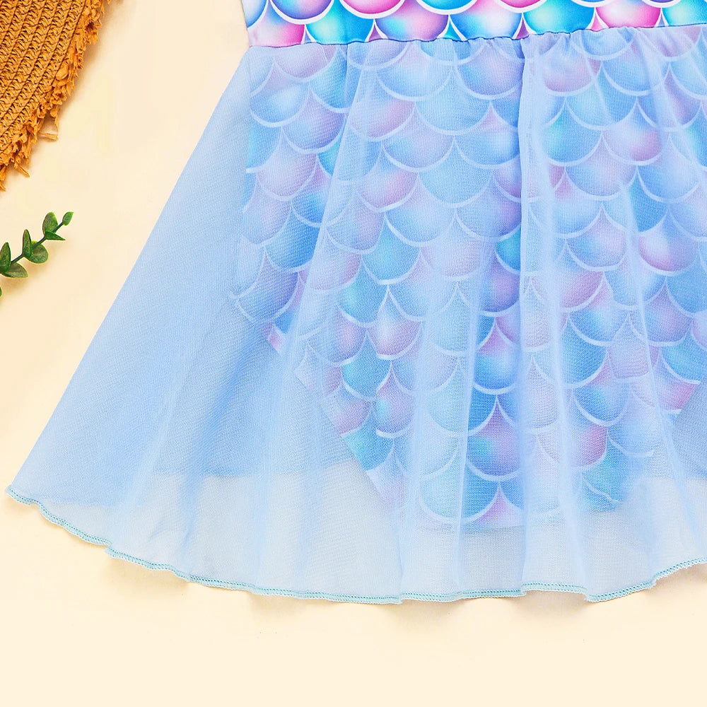Quick-Dry Durable Girls' One-Piece Swimsuit – Mermaid-Scale Print, Ruffle Sleeves, Tulle, Polyester Elastane, Beach