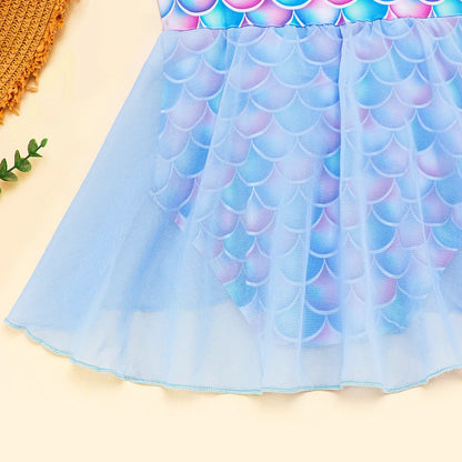 Quick-Dry Durable Girls' One-Piece Swimsuit – Mermaid-Scale Print, Ruffle Sleeves, Tulle, Polyester Elastane, Beach