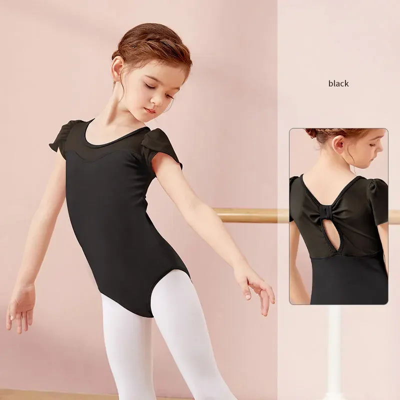 Elastischer Ballett-Body für Mädchen – kurzärmlig, Schleifendetail am Rücken, Baumwoll-Elasthan, für Tanzunterricht