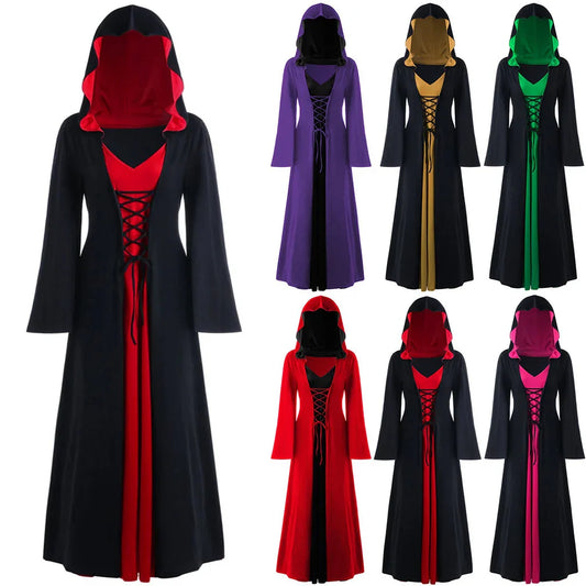 Women's Lace-Up Hooded Medieval Vampire Witch Cloak Robe - Perfect Halloween Costume for Themed Events