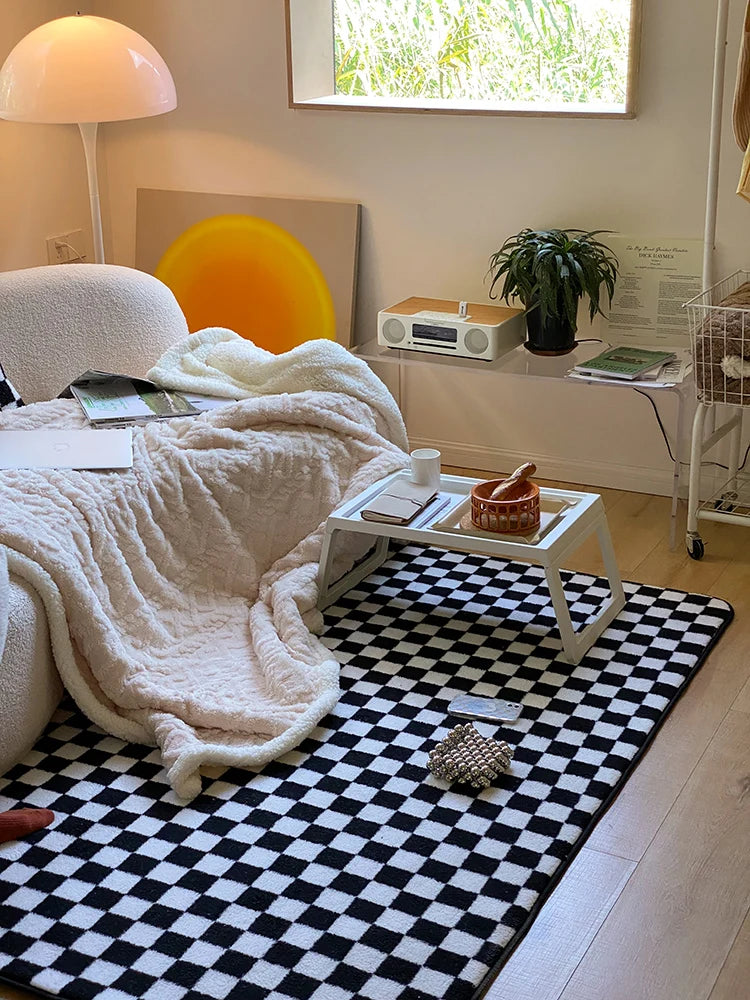 Checkerboard Plush Area Rug Japanese Style Minimalist