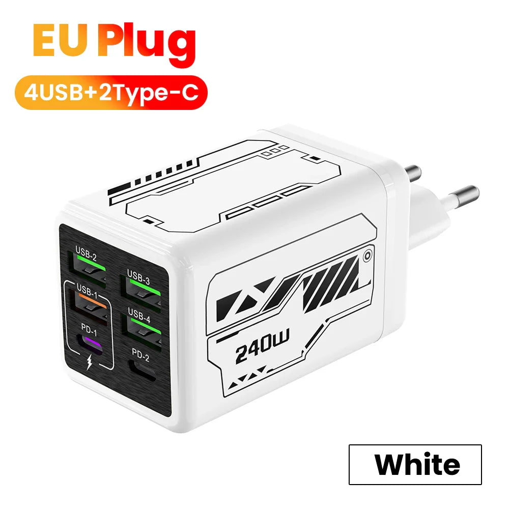 USB C Charger 6-Port Fast Charge, 4 USB A 2 Type-C PD3.0, EU UK US Plug, Back to School 2026