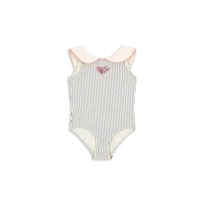 Lightweight girls' swimsuit - stripe long-sleeve, bow accent, nylon, for summer beach days