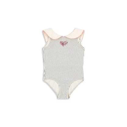 Lightweight girls' swimsuit - stripe long-sleeve, bow accent, nylon, for summer beach days