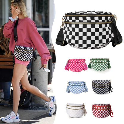 Versatile unisex crossbody bum bag – checkered nylon, box shape, travel and daily use