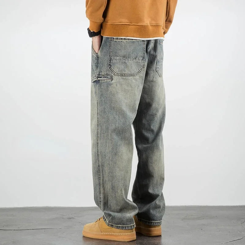 Oversized Men's Denim Jeans - Loose Straight Cut, Washed