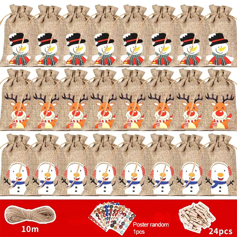 Christmas Advent Calendar 24Pcs Gift Bags Set - Durable Cloth with Customizable Number Stickers for Holiday Decor