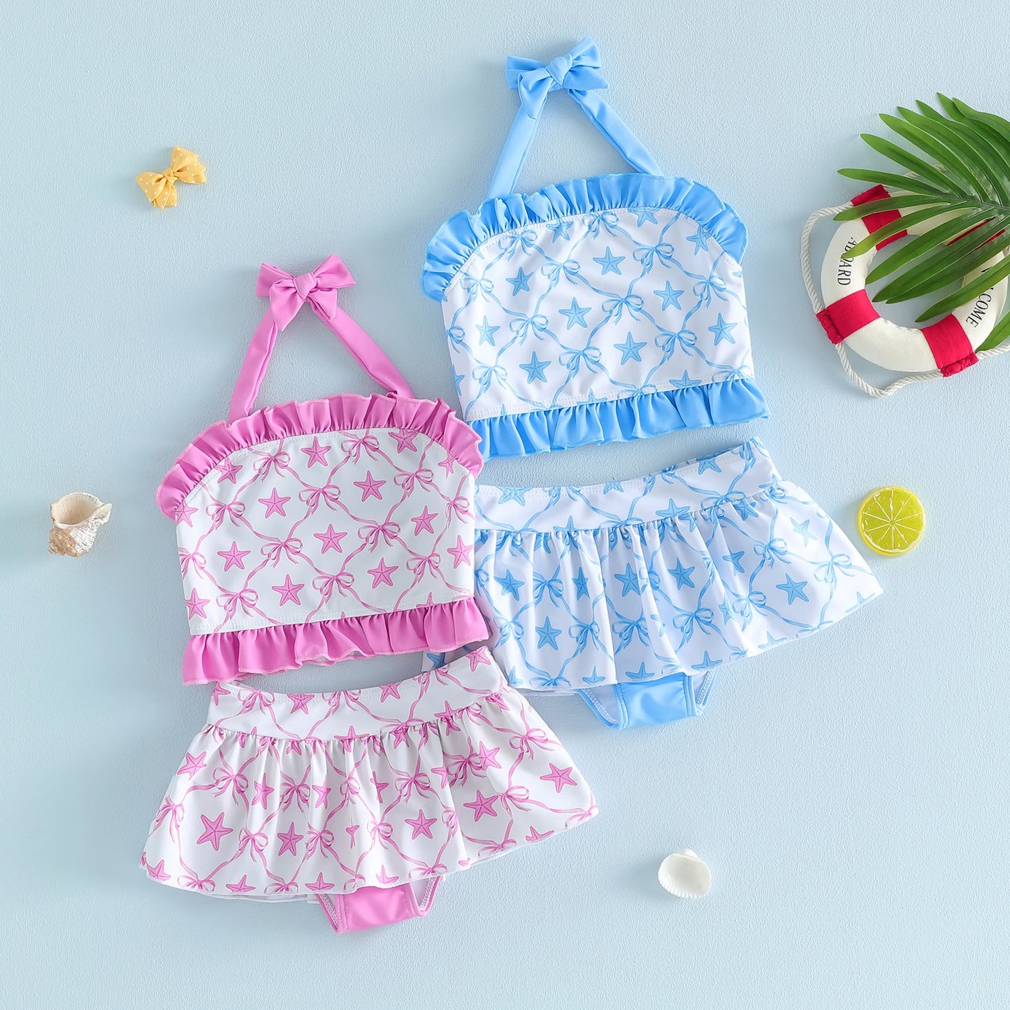 Lightweight girls' bikini set - halter top, starfish print, ruffle trim, polyester, for summer beach