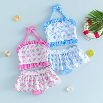 Lightweight girls' bikini set - halter top, starfish print, ruffle trim, polyester, for summer beach