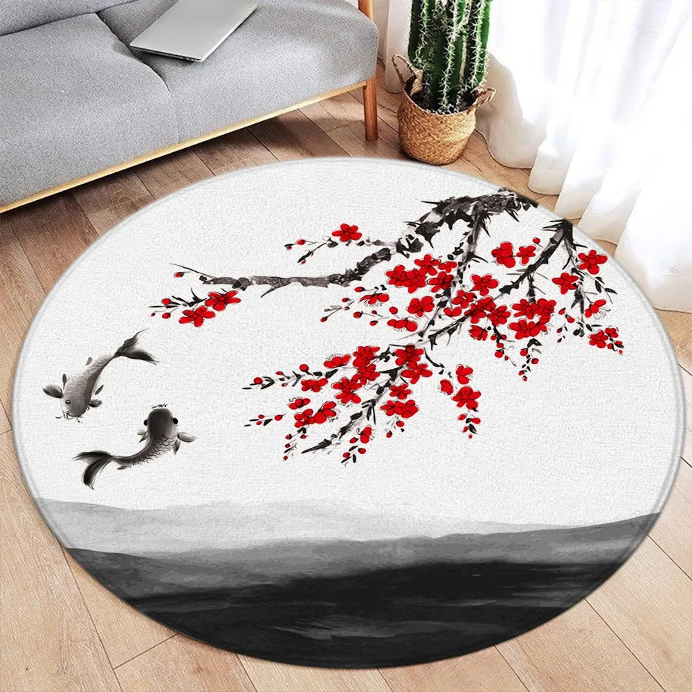 Koi Fish Round Rug Japanese Water Ink Floor Decor Serene