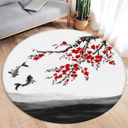 Koi Fish Round Rug Japanese Water Ink Floor Decor Serene