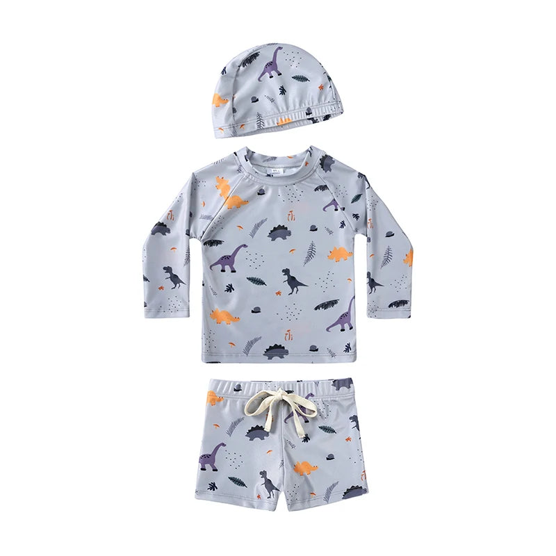 Breathable Kids Rash Guard Swim Set – Long-Sleeve Top, Swim Pants, Hat, Polyester Elastane, Beach Vacation