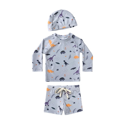 Breathable Kids Rash Guard Swim Set – Long-Sleeve Top, Swim Pants, Hat, Polyester Elastane, Beach Vacation