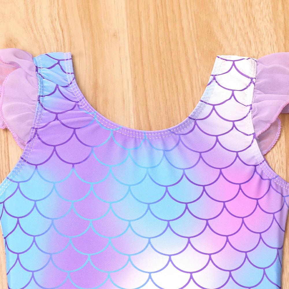 Quick-Dry Durable Girls' One-Piece Swimsuit – Mermaid-Scale Print, Ruffle Sleeves, Tulle, Polyester Elastane, Beach