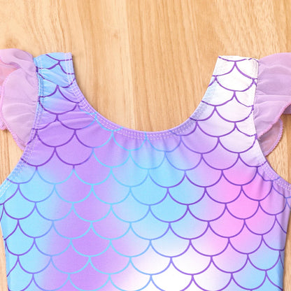Quick-Dry Durable Girls' One-Piece Swimsuit – Mermaid-Scale Print, Ruffle Sleeves, Tulle, Polyester Elastane, Beach