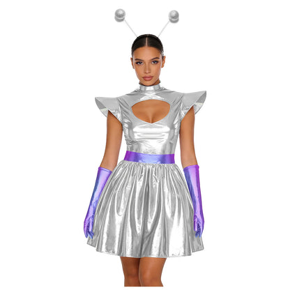Zilverkleurige metallic astronauten-alien-tutu-jurk voor vrouwen, cosplayruimtecadetromper, Halloweenfeestjurk 2026