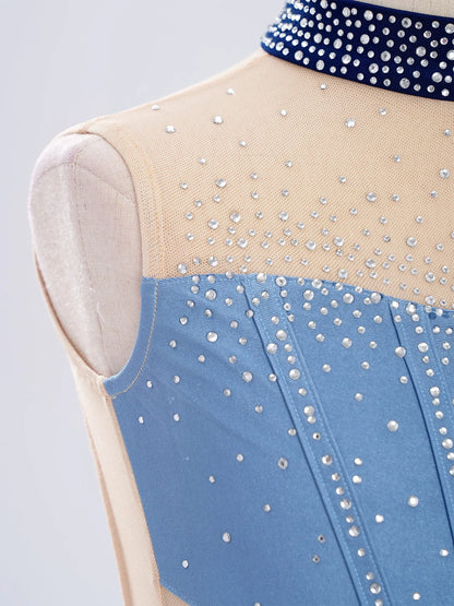 Stretchy girls' leotard - rhinestone mesh yoke, sleeveless, polyester, nylon, elastane, for lyrical dance performance