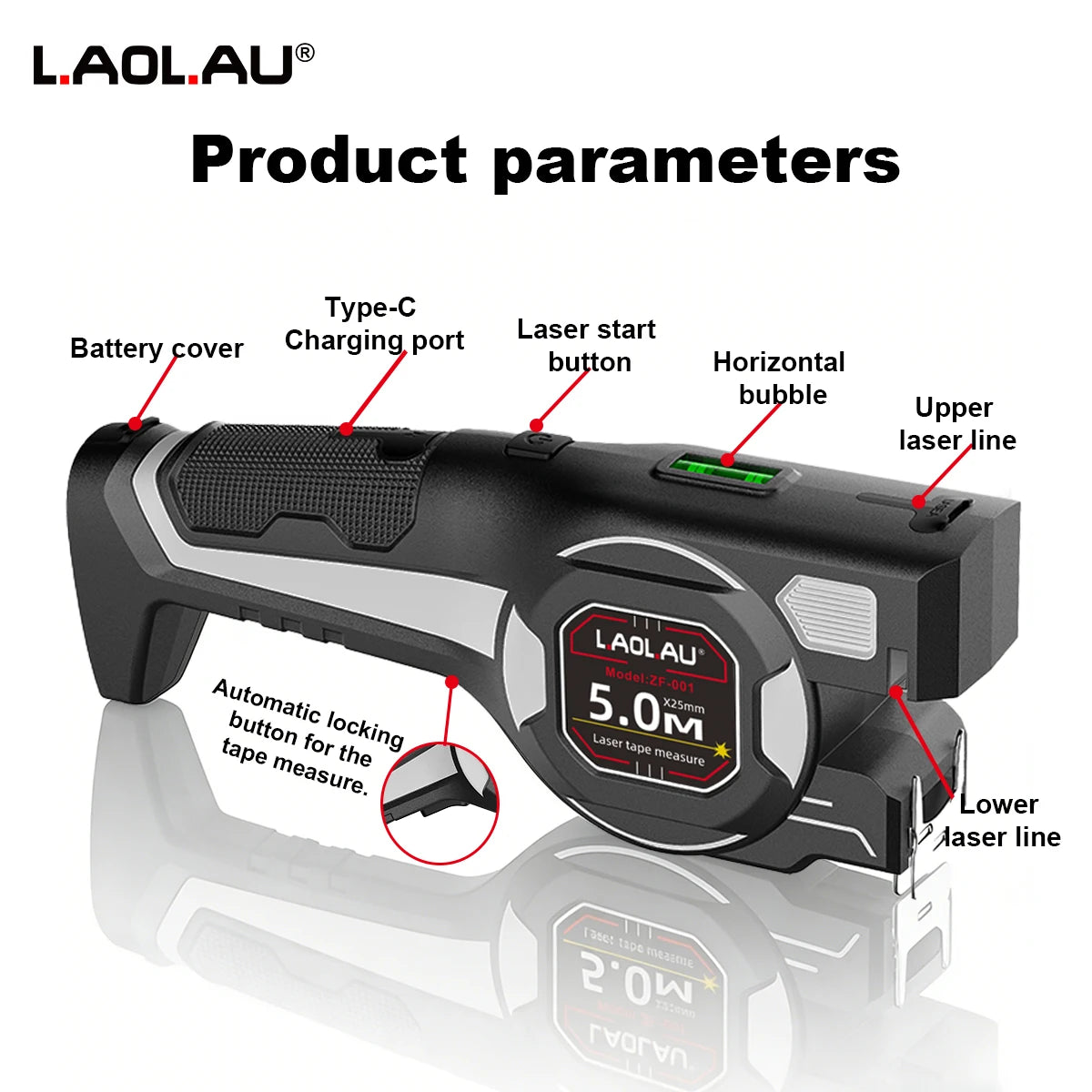 LAOLAU 2-in-1 Laser Tape Measure 5M/16FT – Type-C Rechargeable Class II Laser Auto-Lock Tool 2026