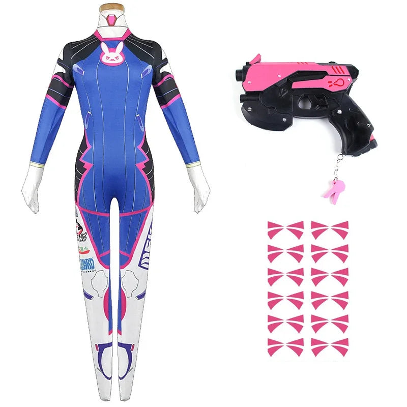 Overwatch DVa Meka Pilot Zentai Jumpsuit Cosplay Costume Set with Wig Headphones and Gun Props 2026