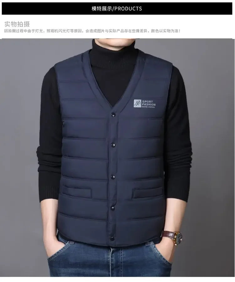 Warm Men's Down Vest - V Neck Quilted Cotton, Winter