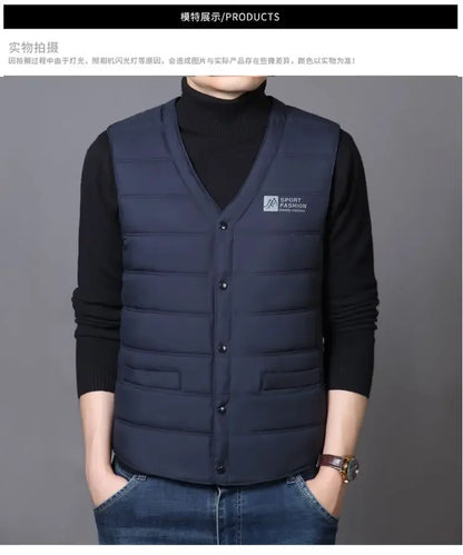 Warm Men's Down Vest - V Neck Quilted Cotton, Winter