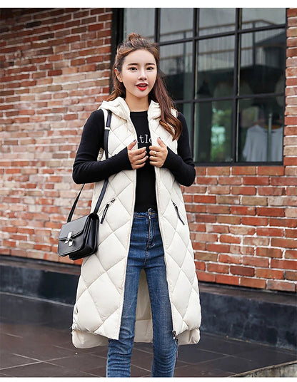 Lightweight Women's Long Puffer Vest - Hooded Cotton Winter