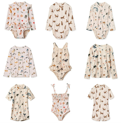 Quick-dry Kids’ Swimwear Set – Rash Guard & Hat, Nylon, Cartoon Seagull Star Print, Beach Holidays