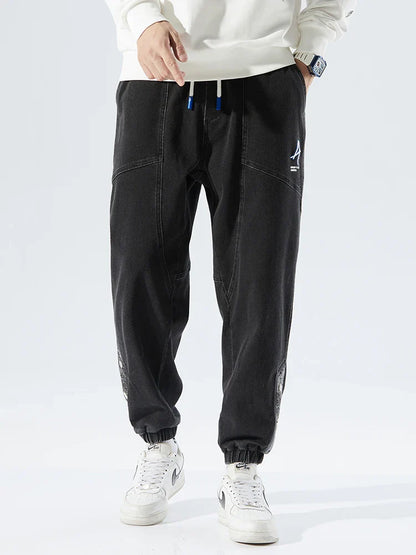 Strækbare afslappede herre denim joggers - løstsiddende tilspidsede, denim