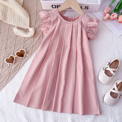 Soft girls' dress - princess, pleated, round-necked, polyester, summer party wear
