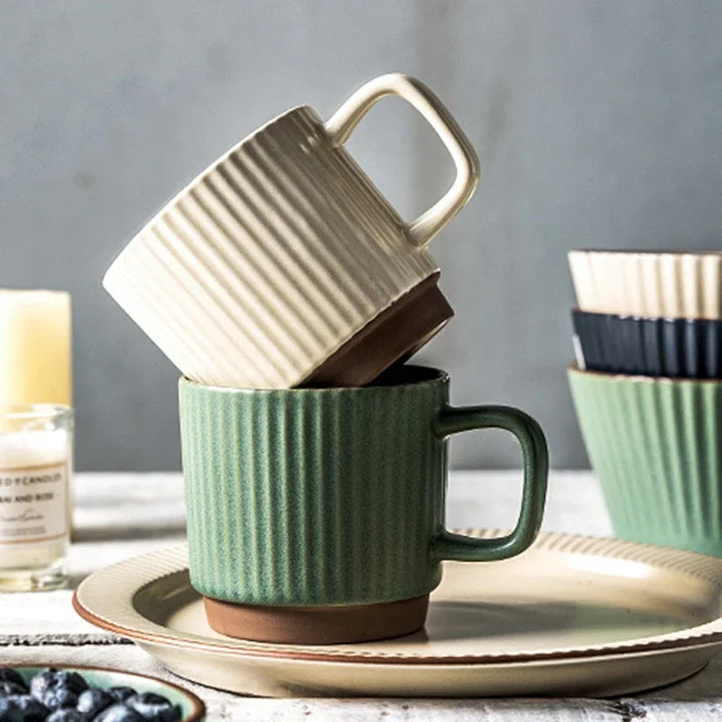 Ceramic Coffee Mug 250ml Vintage Striped Porcelain Mug With Handle Cozy Fall 2025 Dishwasher Microwave Safe Gift