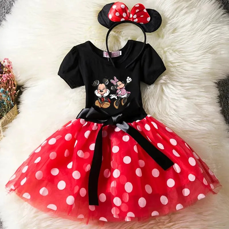 Leichtes Mädchenkleid mit Minnie-Maus-Motiv – knielanger Tupfen-Tutu, Baumwoll-Polyester-Voile, Geburtstagsfeier