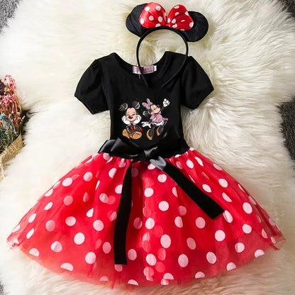 Leichtes Mädchenkleid mit Minnie-Maus-Motiv – knielanger Tupfen-Tutu, Baumwoll-Polyester-Voile, Geburtstagsfeier