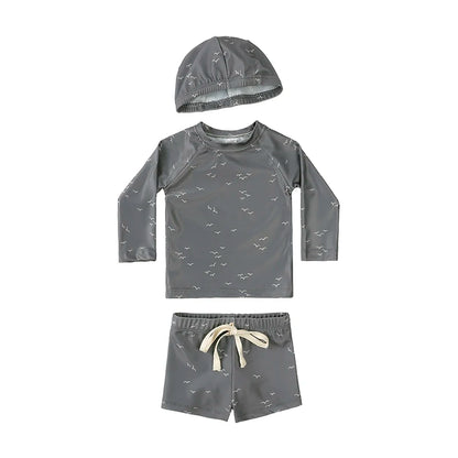 Breathable Kids Rash Guard Swim Set – Long-Sleeve Top, Swim Pants, Hat, Polyester Elastane, Beach Vacation