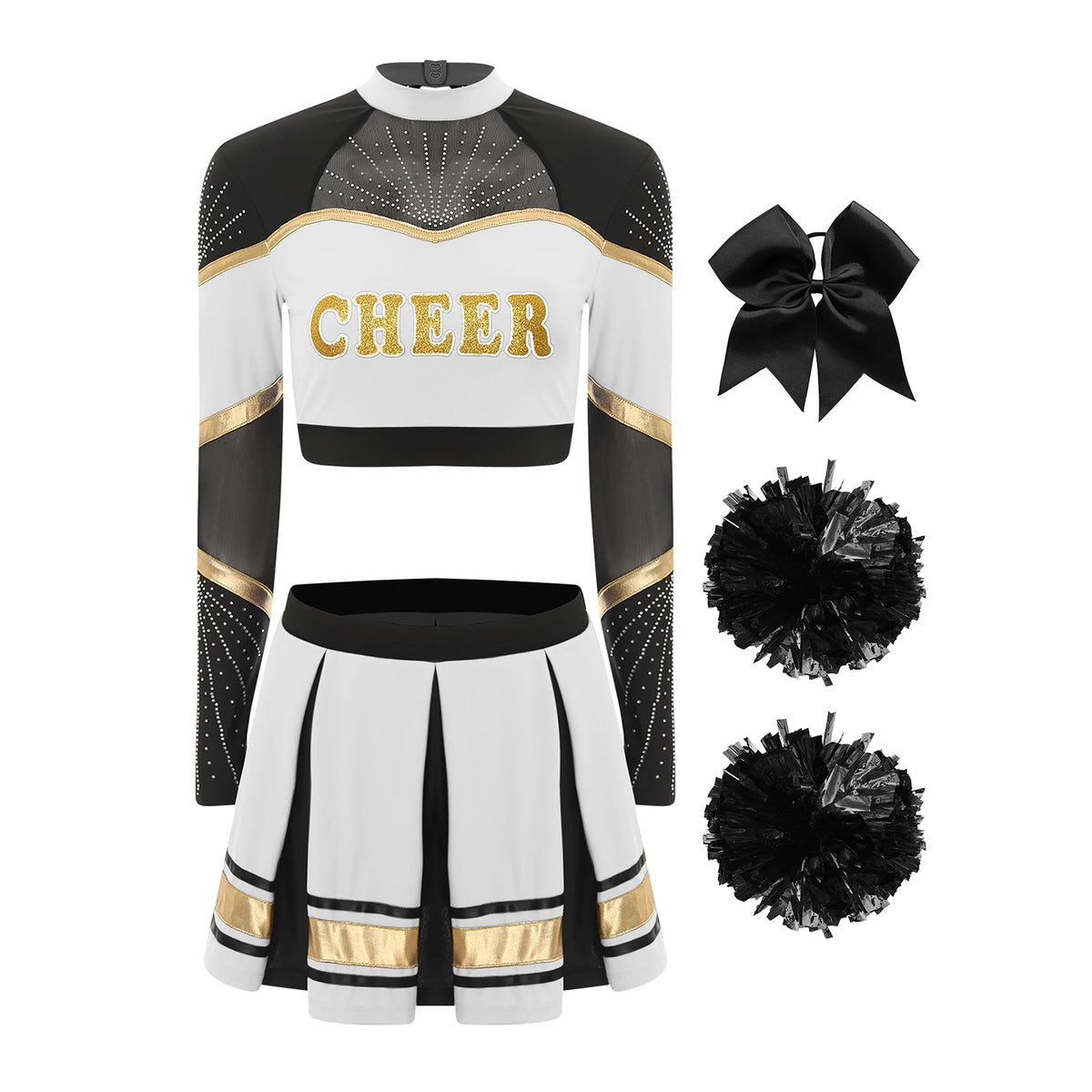 Cosplaykostuum voor cheerleaderoptredens voor vrouwen, crop-top met lange mouwen en geplooide rok met pompons 2026