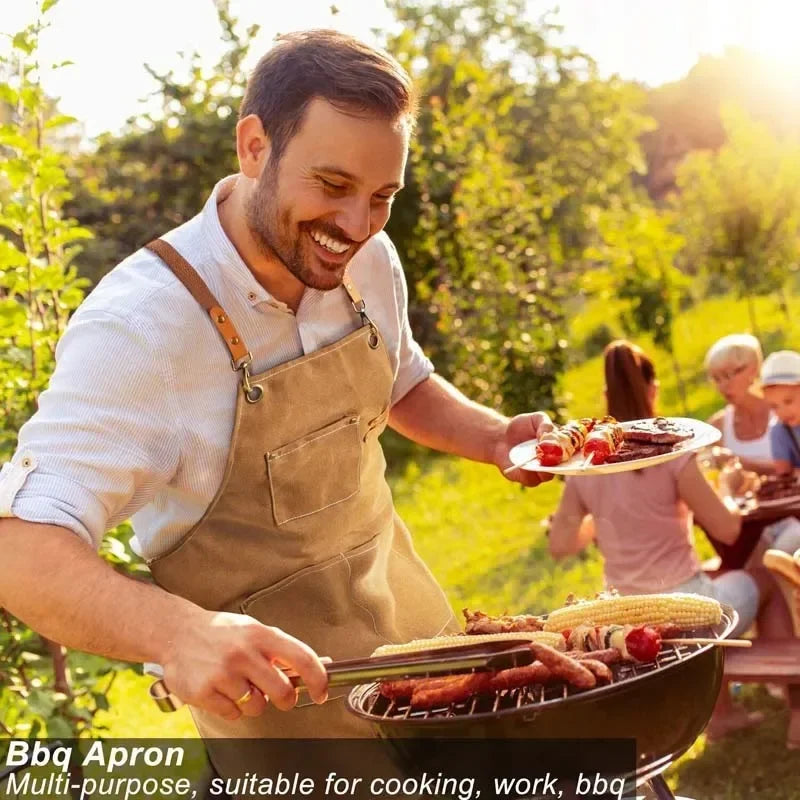 Canvas Apron Oil Proof Wipeable Kitchen Workshop Apron With Tool Pockets Adjustable Leather Straps Fall 2025 Gift