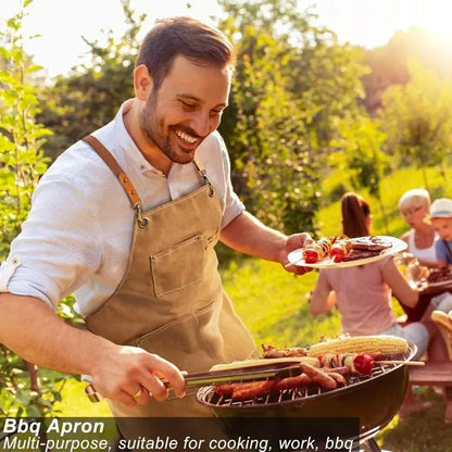 Canvas Apron Oil Proof Wipeable Kitchen Workshop Apron With Tool Pockets Adjustable Leather Straps Fall 2025 Gift