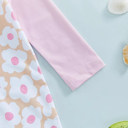 Let holdbar toddler pigebadedragt med rashguard - langærmet blomster flamingo print, polyester elastan, strandtøj