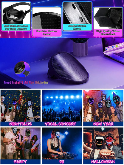 LED-masker met slim display, Bluetooth, app-programmeerbaar en gebarenbediening, 2074-LED Halloween-feestmasker 2026