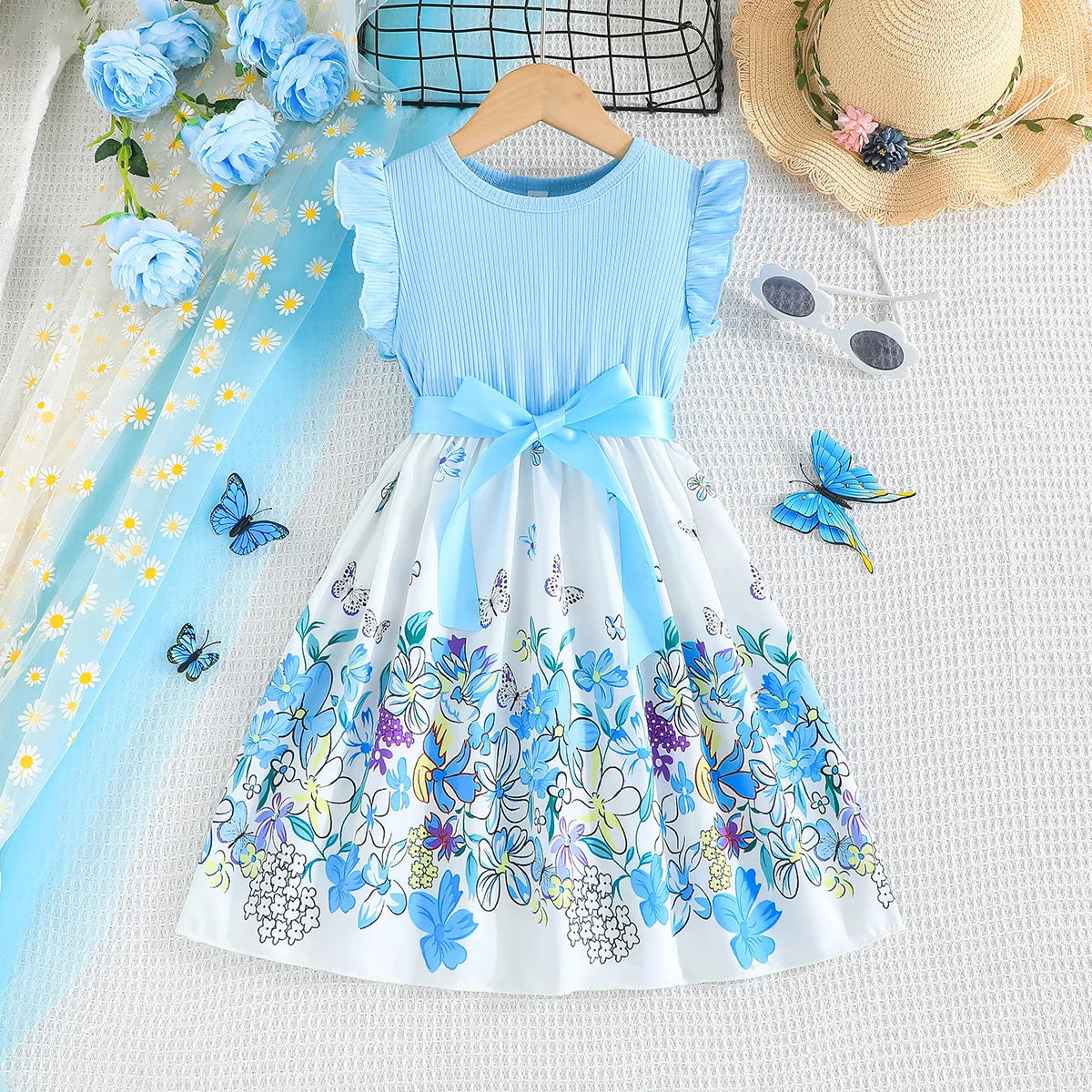 Breathable girls' dress - lace-up sling, sleeveless, flowy, polyester, for summer