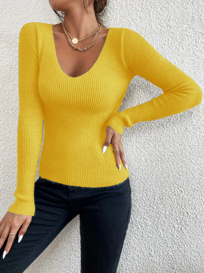 Fitted Flattering Women’s Ribbed Sweater - Scoop Neck, Knit