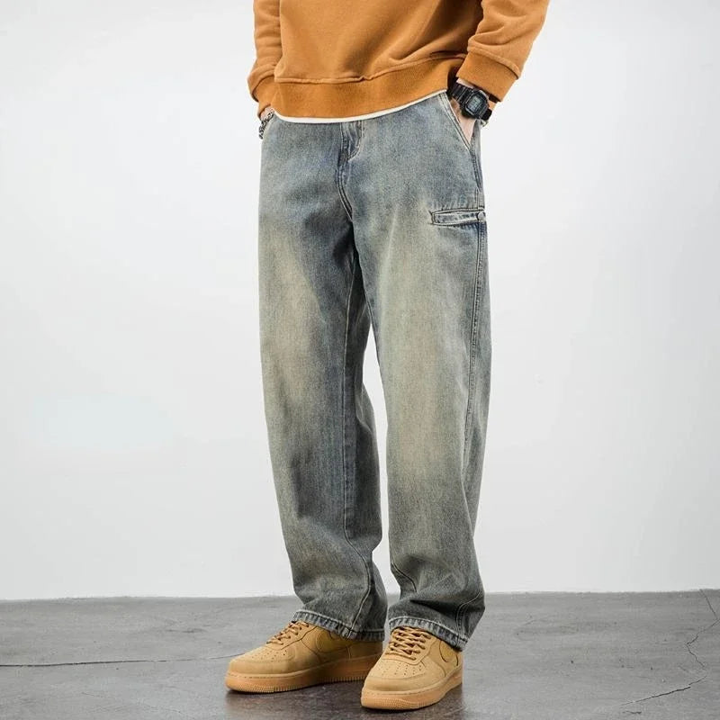 Oversized Men's Denim Jeans - Loose Straight Cut, Washed