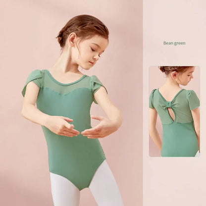 Elastischer Ballett-Body für Mädchen – kurzärmlig, Schleifendetail am Rücken, Baumwoll-Elasthan, für Tanzunterricht