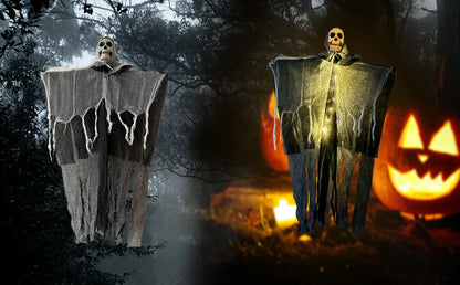 Oplichtende schedel, skelet en gaas met hangende geest voor Halloween, griezelige decoratie voor huis, tuin en buiten 2026