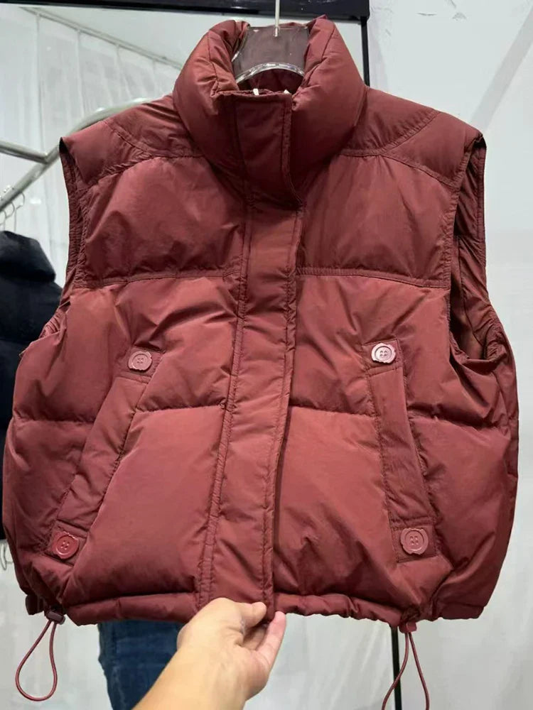 Warm Women’s Down Vest - Stand Collar, Duck Down, Winter